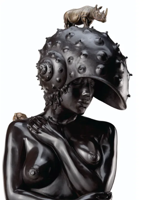 Roberto Fabelo – Rinocerontes Romanticos sculpture bronze and stainless steel 198.1 x 61 x 61 cm Executed in 2017 Edic 9 and 3 P/A Signed, 7/9