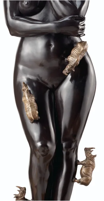 Roberto Fabelo – Rinocerontes Romanticos sculpture bronze and stainless steel 198.1 x 61 x 61 cm Executed in 2017 Edic 9 and 3 P/A Signed, 7/9