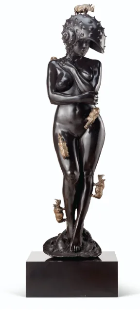 Roberto Fabelo – Rinocerontes Romanticos sculpture bronze and stainless steel 198.1 x 61 x 61 cm Executed in 2017 Edic 9 and 3 P/A Signed, 7/9